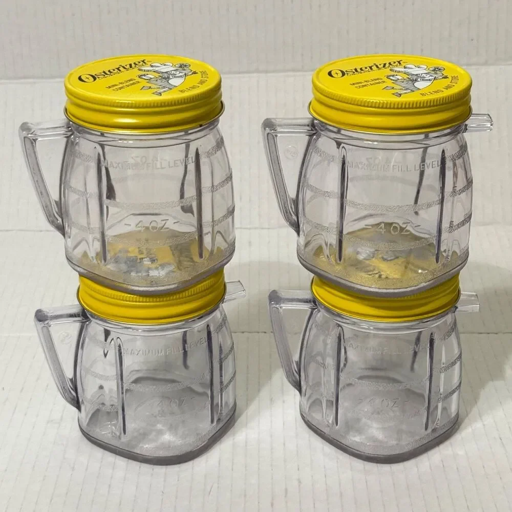 4 Vtg Osterizer Blend &  Store Mini Container / Jar 8oz Yellow Metal Lid Clean!